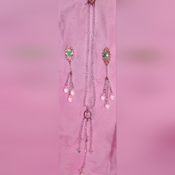 Vintage Clear & Watermelon Aurora Borealis Crystal Drop Necklace & Earring Set - Picture 2 of 7